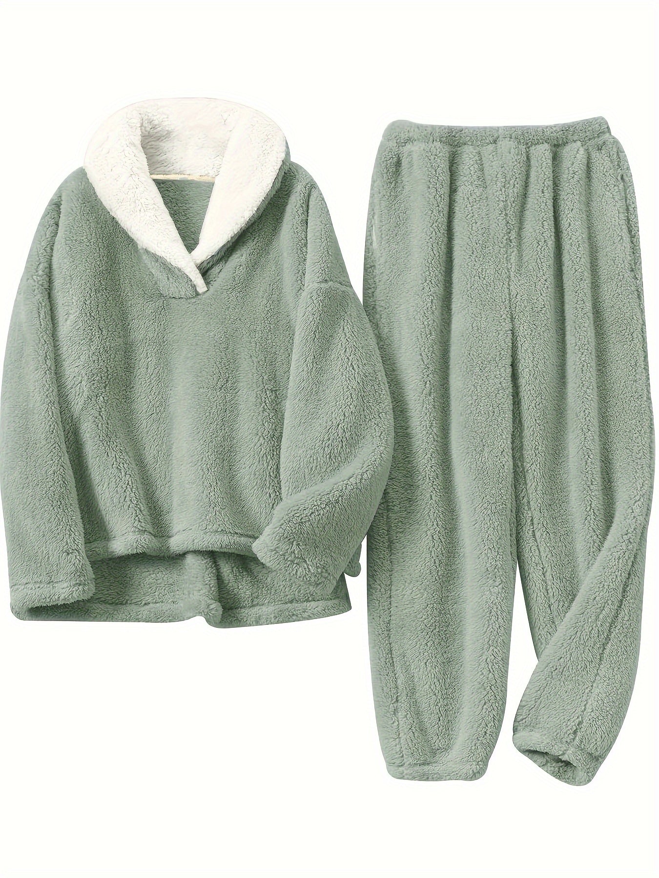 Hildrun Lounge Set with Wrap Collar and Elastic Waist - Green