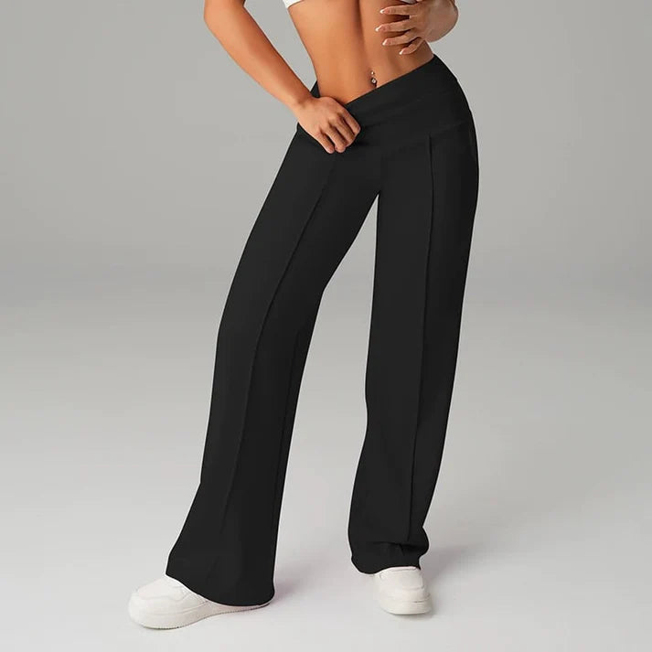 Ines Wide Leg Trousers with High Waist and Pressed Crease - Black