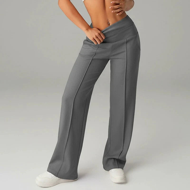 Ines Wide Leg Trousers with High Waist and Pressed Crease - Gray