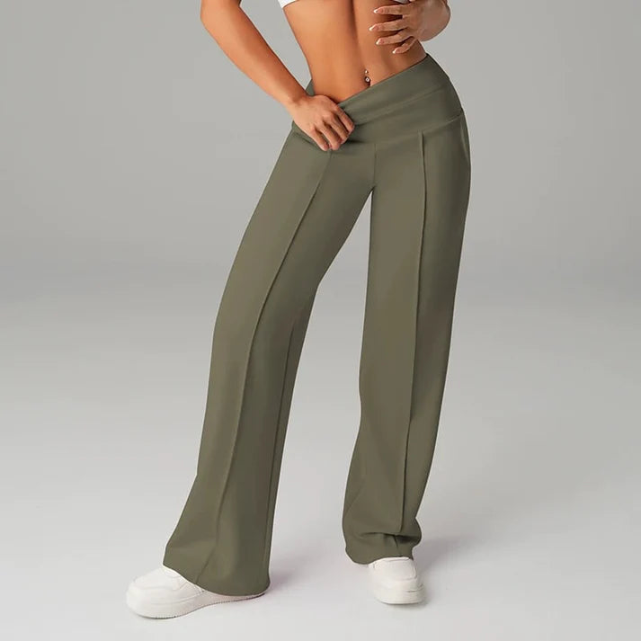 Ines Wide Leg Trousers with High Waist and Pressed Crease - Army Green