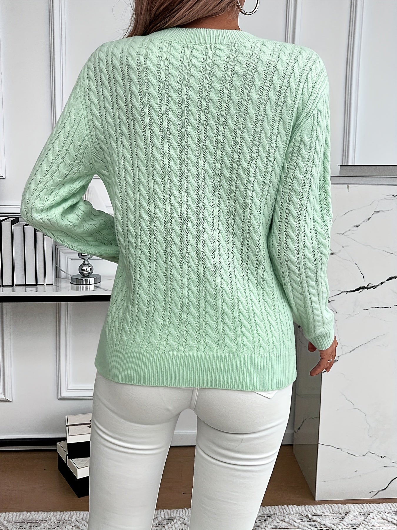 Ingeborg Cable Knit Sweater with Crew Neck and Ribbed Trim - Light Green