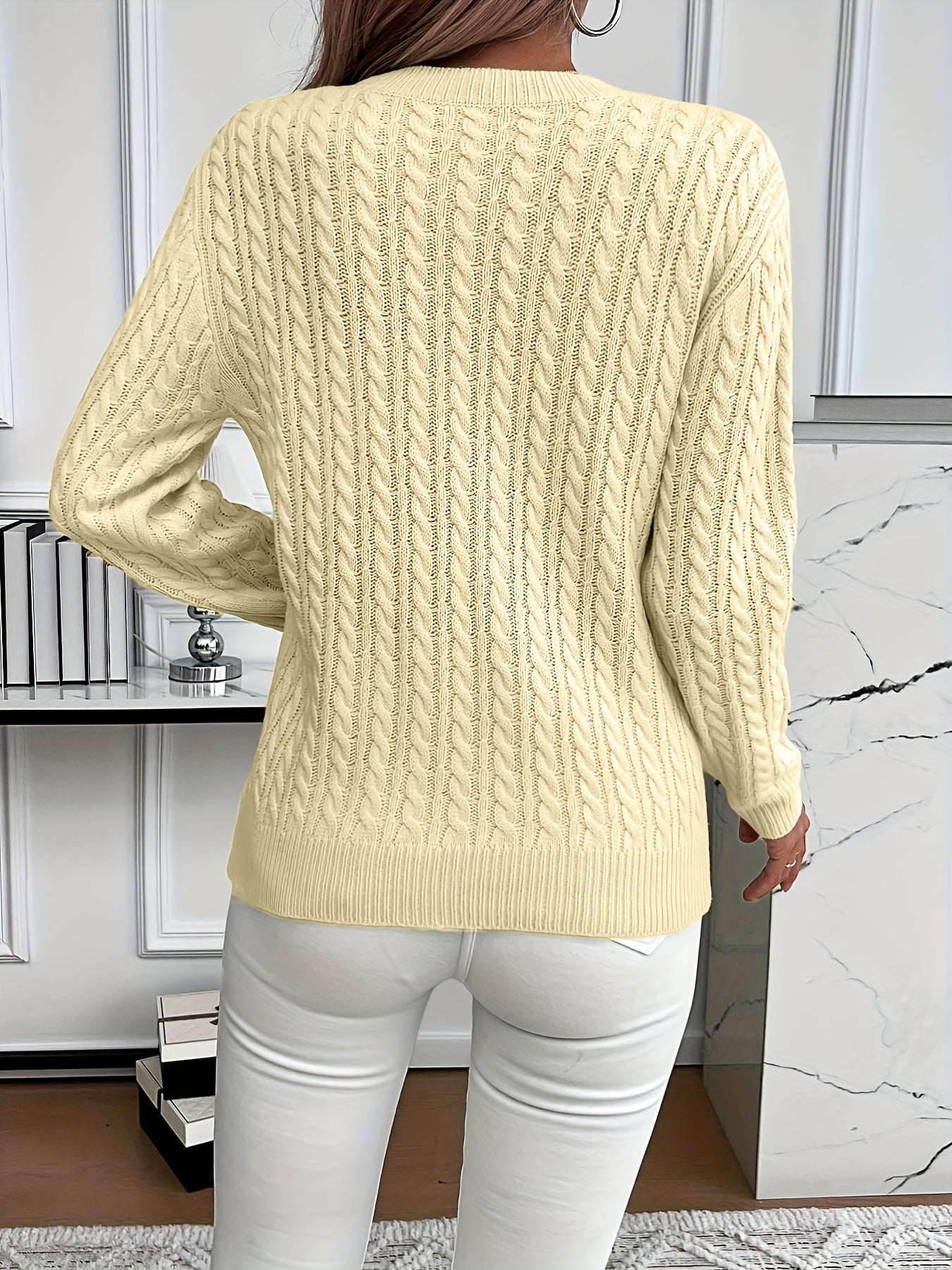 Ingeborg Cable Knit Sweater with Crew Neck and Ribbed Trim - Yellow