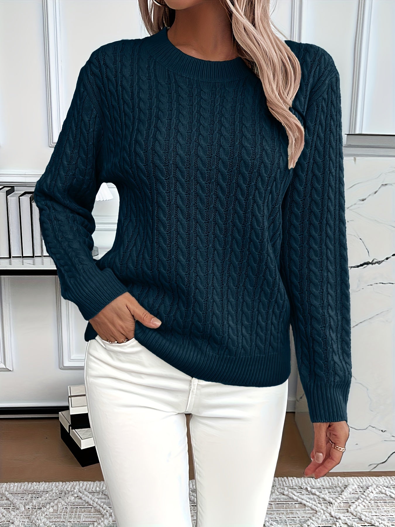 Ingeborg Cable Knit Sweater with Crew Neck and Ribbed Trim - Dark Blue