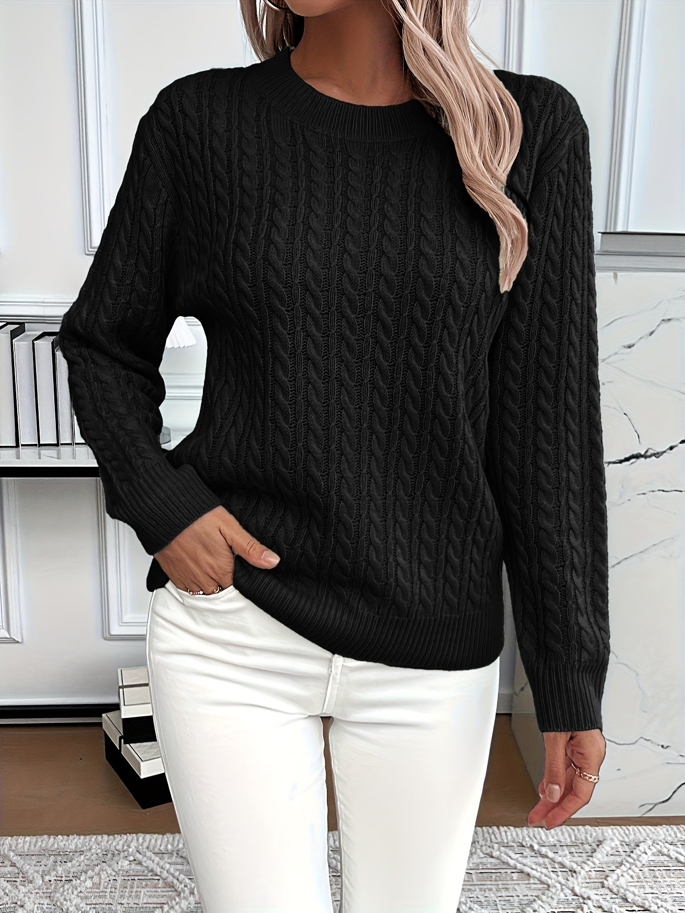 Ingeborg Cable Knit Sweater with Crew Neck and Ribbed Trim - Black