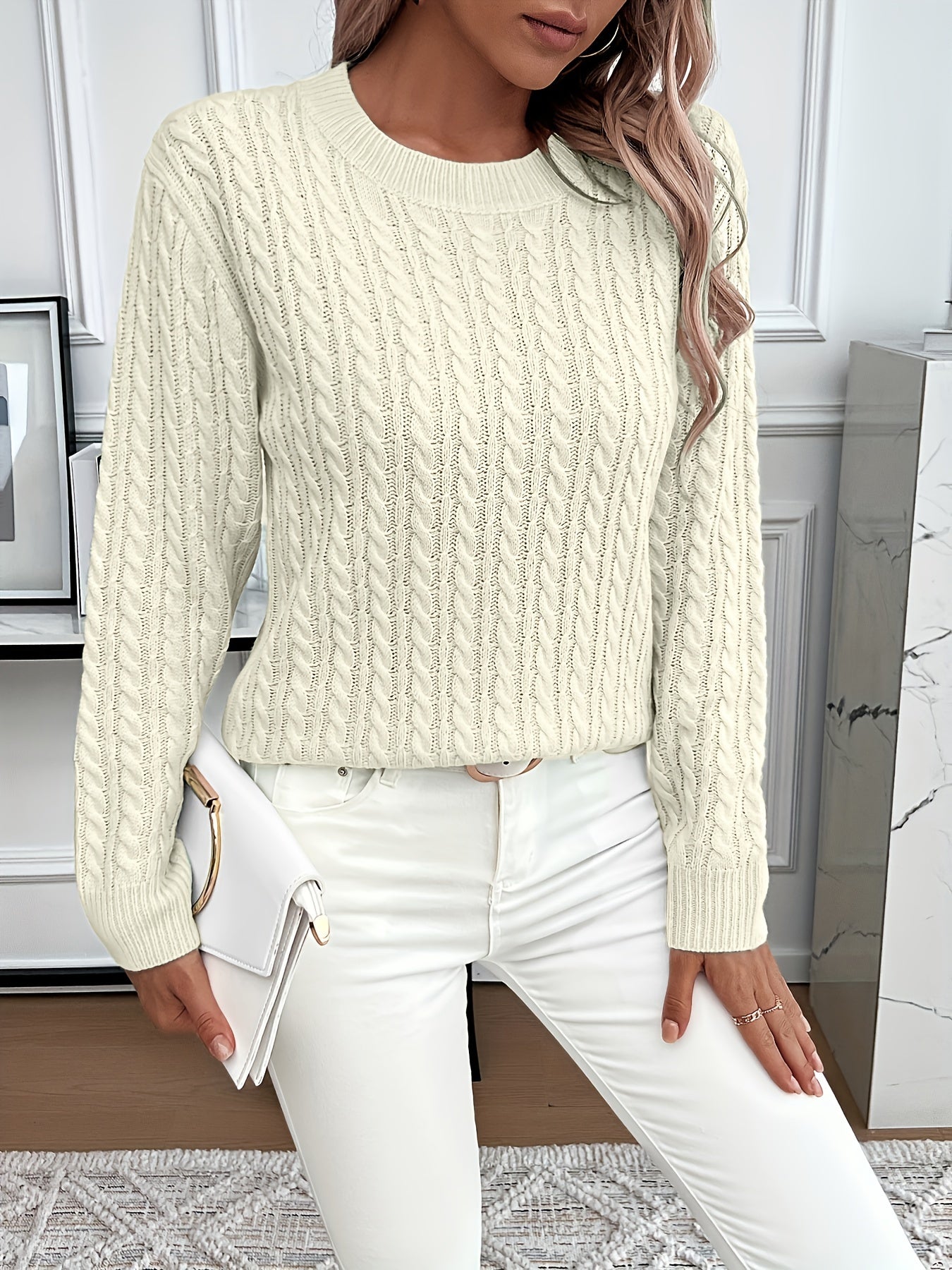 Ingeborg Cable Knit Sweater with Crew Neck and Ribbed Trim - White