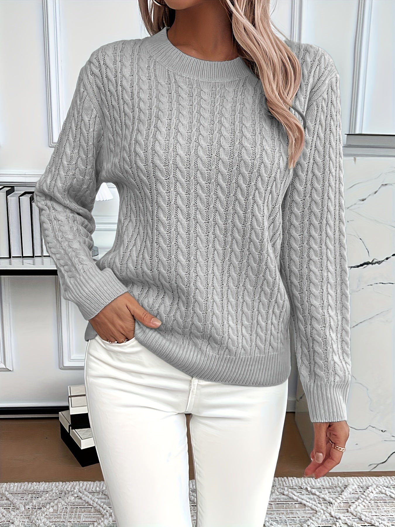 Ingeborg Cable Knit Sweater with Crew Neck and Ribbed Trim - Gray