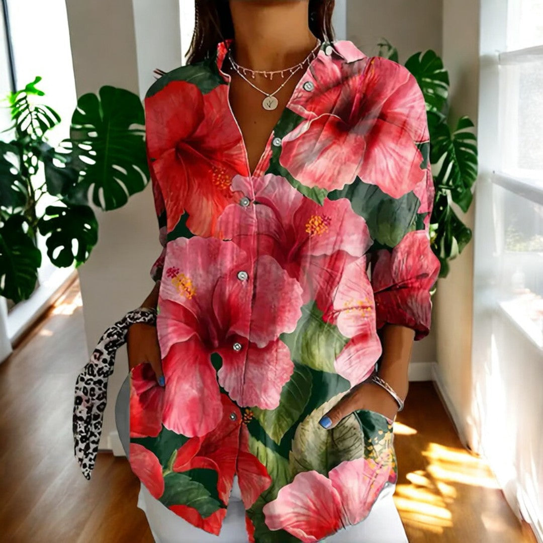 Irene Floral Button-Up Blouse with Long Sleeves - Pink Floral