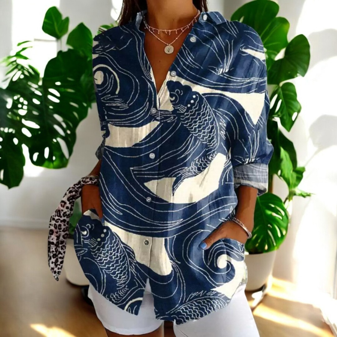 Irene Floral Button-Up Blouse with Long Sleeves - Carp Print