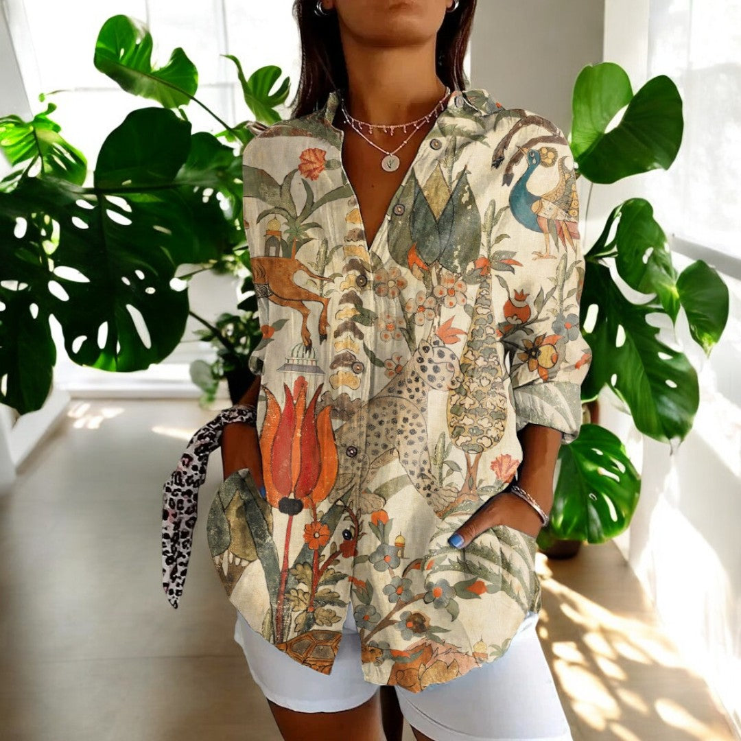 Irene Floral Button-Up Blouse with Long Sleeves - Bohemian Print