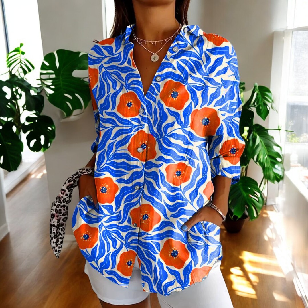 Irene Floral Button-Up Blouse with Long Sleeves - Blue