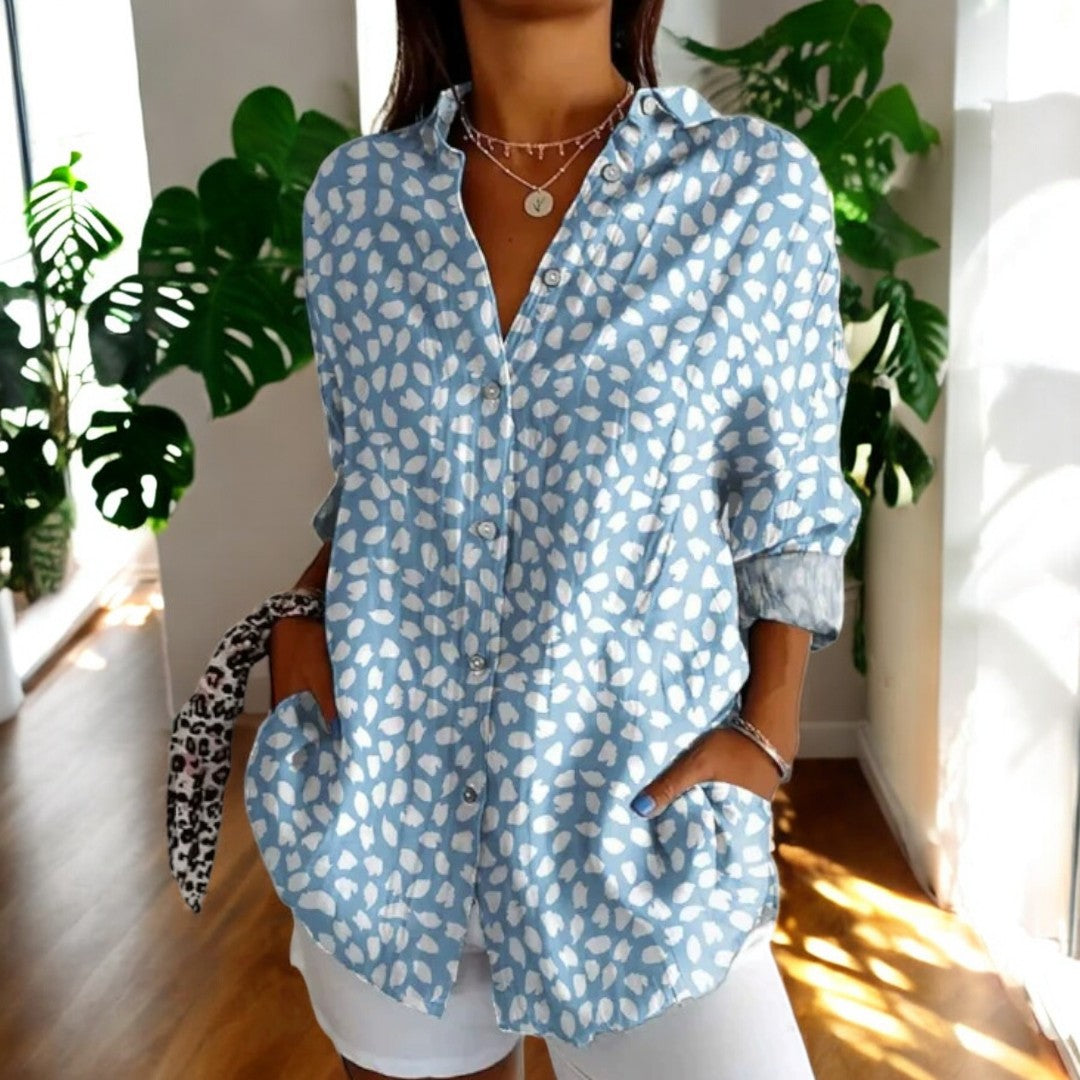 Irene Floral Button-Up Blouse with Long Sleeves - Light Blue