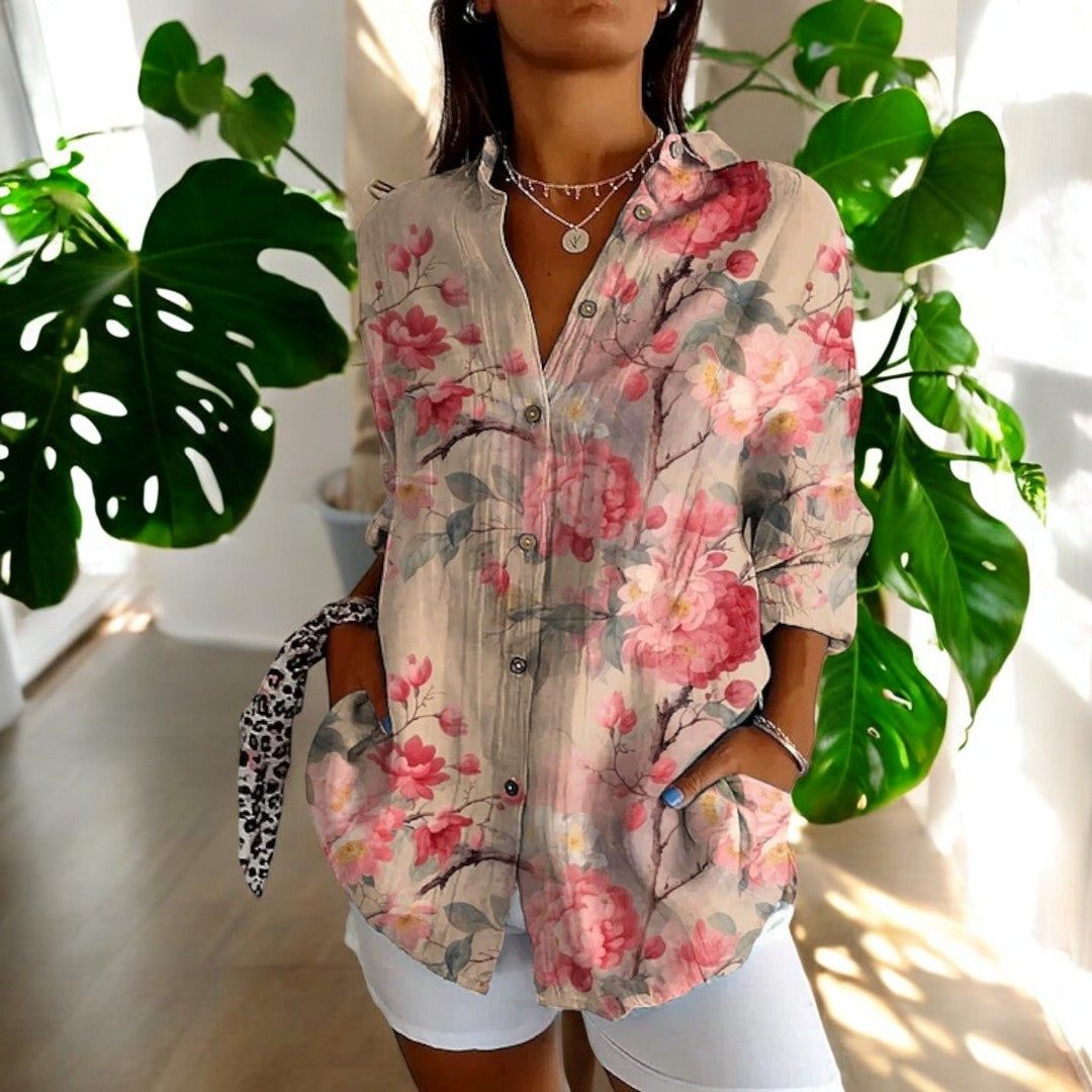 Irene Floral Button-Up Blouse with Long Sleeves - Canvas