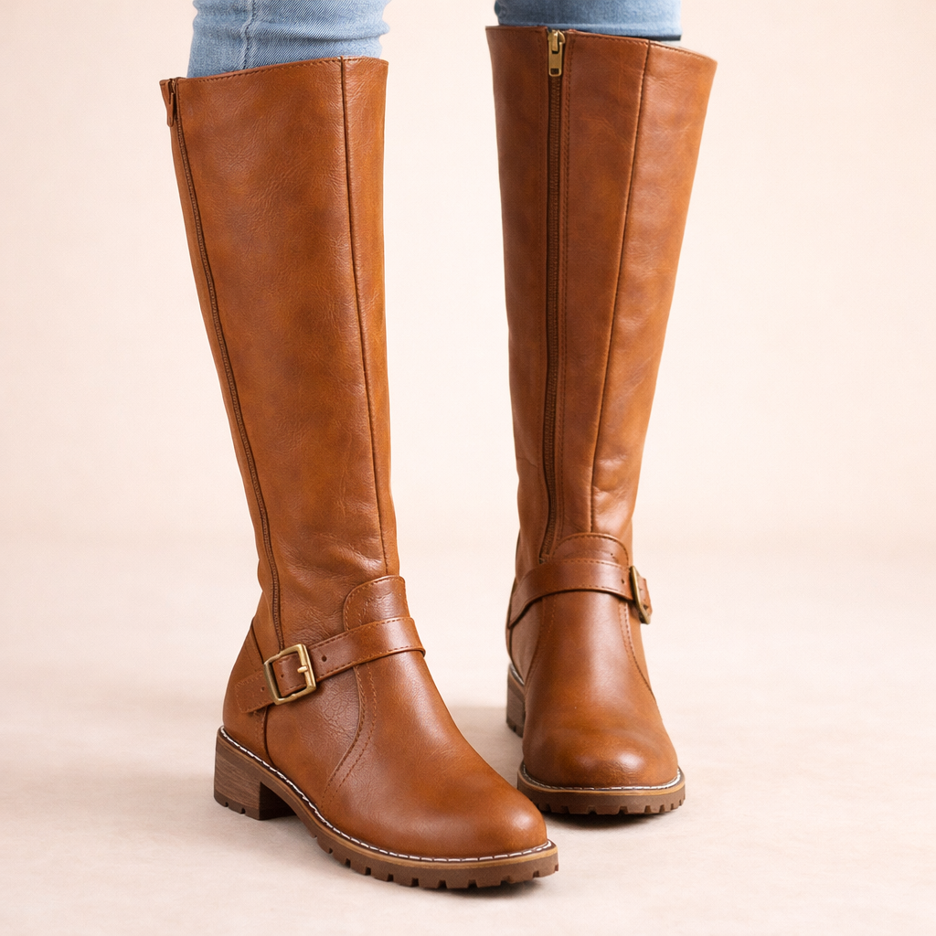 Isabel Knee-High Boots with Buckle Strap and Pointed Toe - Brown