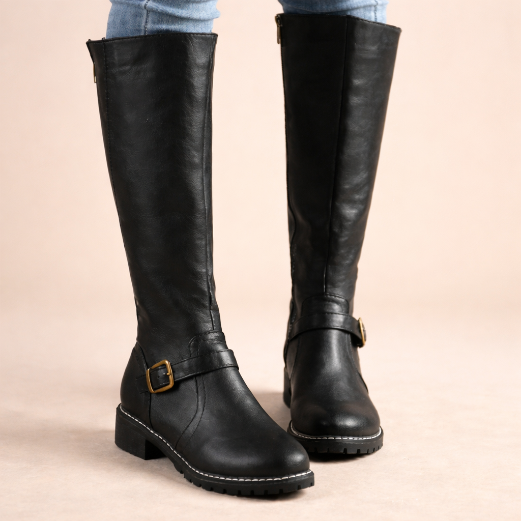 Isabel Knee-High Boots with Buckle Strap and Pointed Toe - Black
