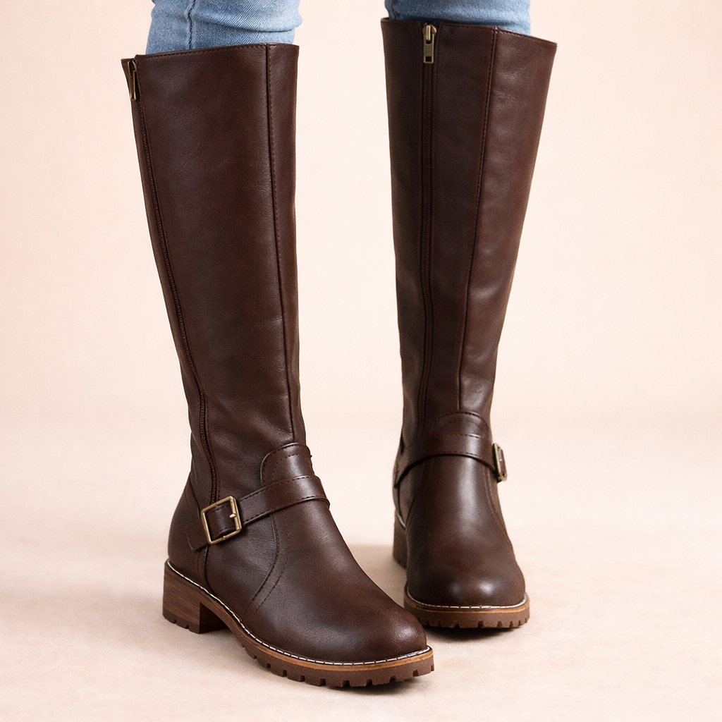 Isabel Knee-High Boots with Buckle Strap and Pointed Toe - Dark Brown