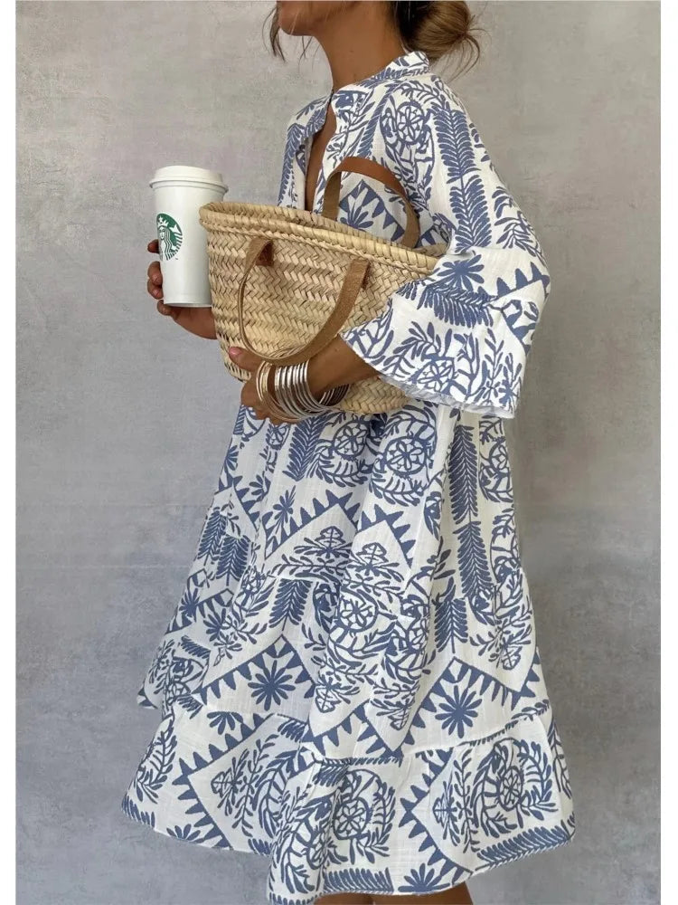 Ivy Printed Tunic Midi Dress with Relaxed Body - Blue