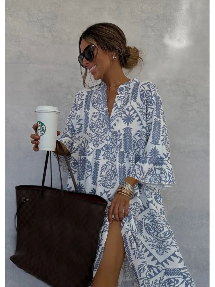 Ivy Printed Tunic Midi Dress with Relaxed Body - Blue