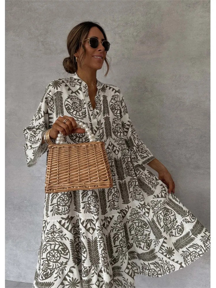 Ivy Printed Tunic Midi Dress with Relaxed Body - Gray