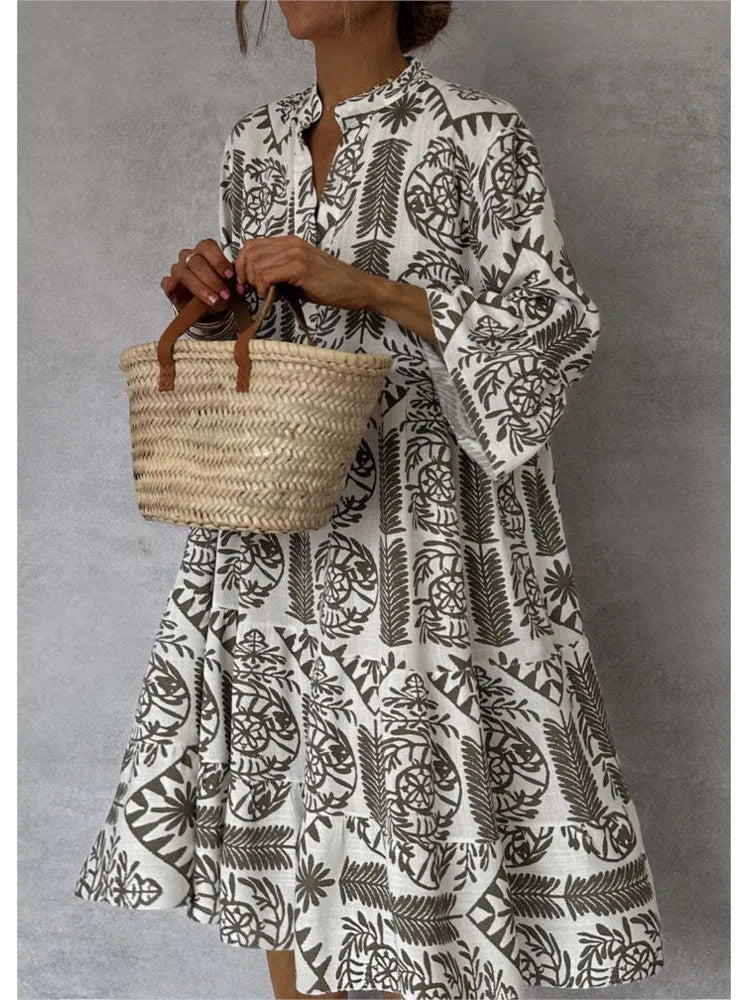 Ivy Printed Tunic Midi Dress with Relaxed Body - Gray