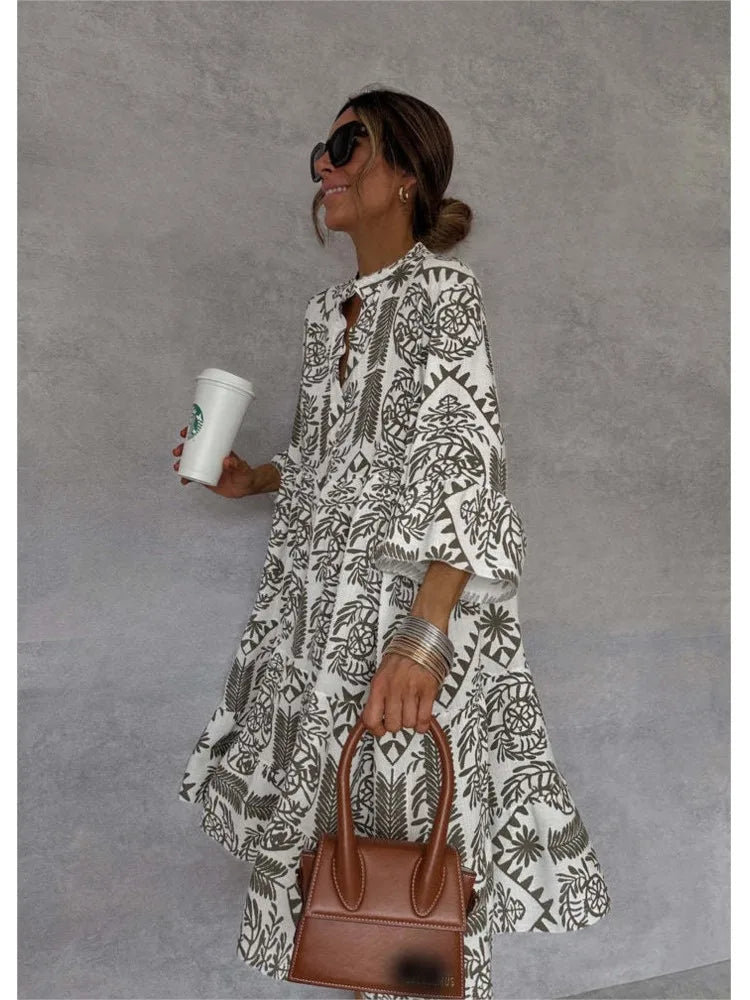 Ivy Printed Tunic Midi Dress with Relaxed Body - Gray
