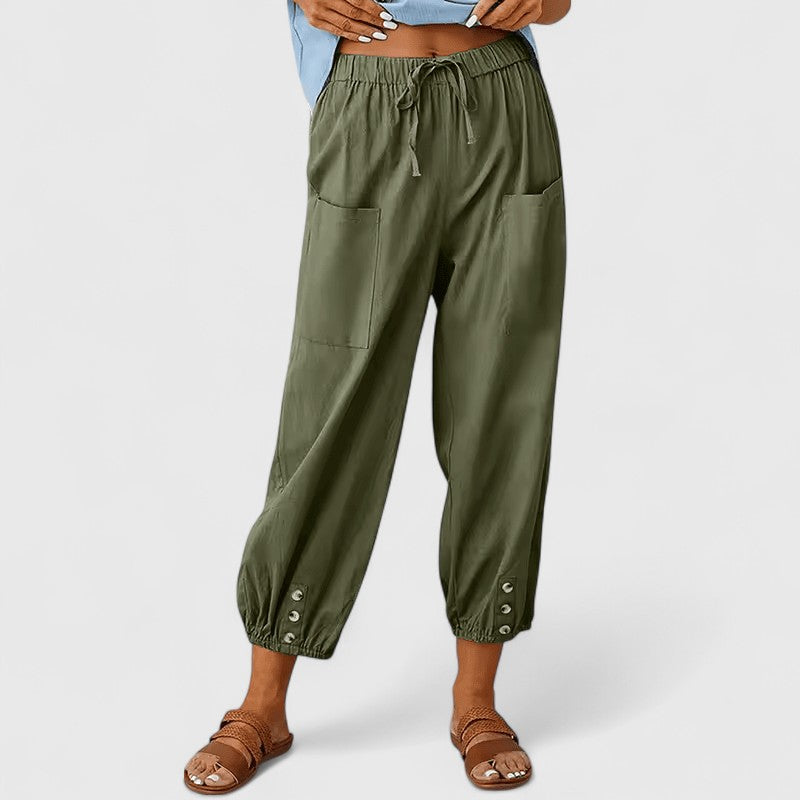 Jacy Drawstring Trousers with Tapered Leg and Adjustable Waist - Army Green
