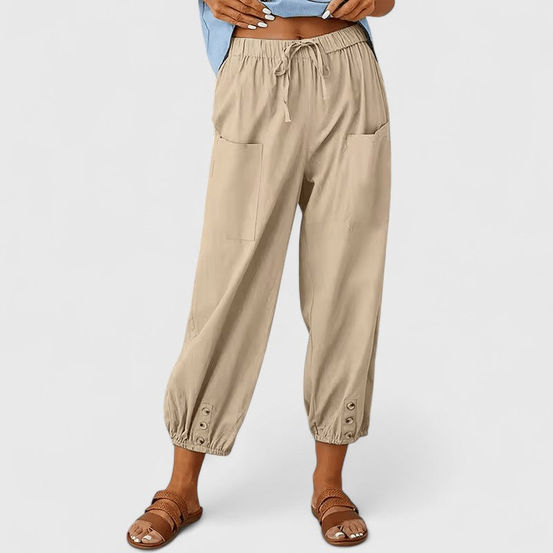 Jacy Drawstring Trousers with Tapered Leg and Adjustable Waist - Khaki