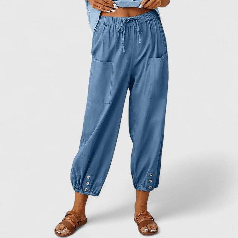 Jacy Drawstring Trousers with Tapered Leg and Adjustable Waist - Denim Blue
