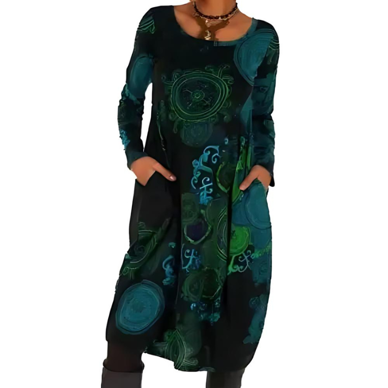 Jana Midi Dress with All-Over Print and Patch Pockets - Blue