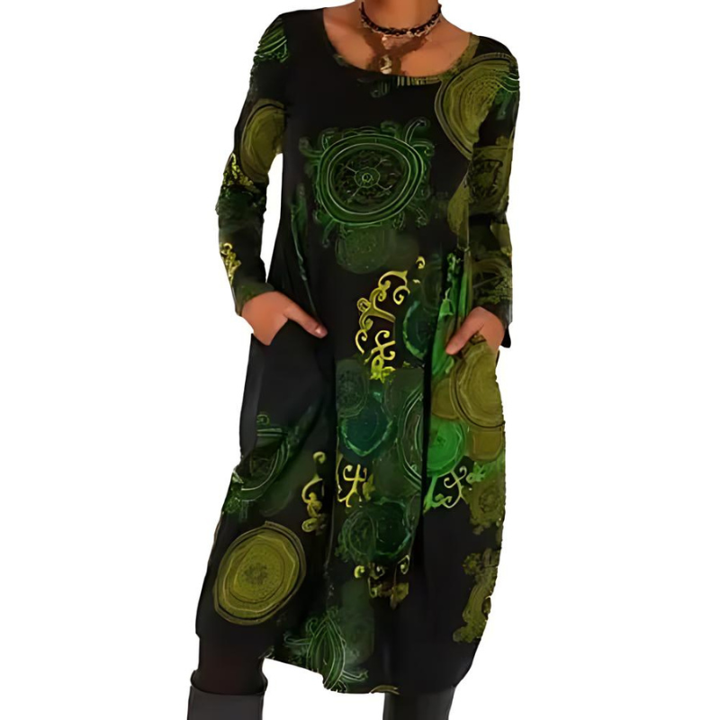Jana Midi Dress with All-Over Print and Patch Pockets - Green