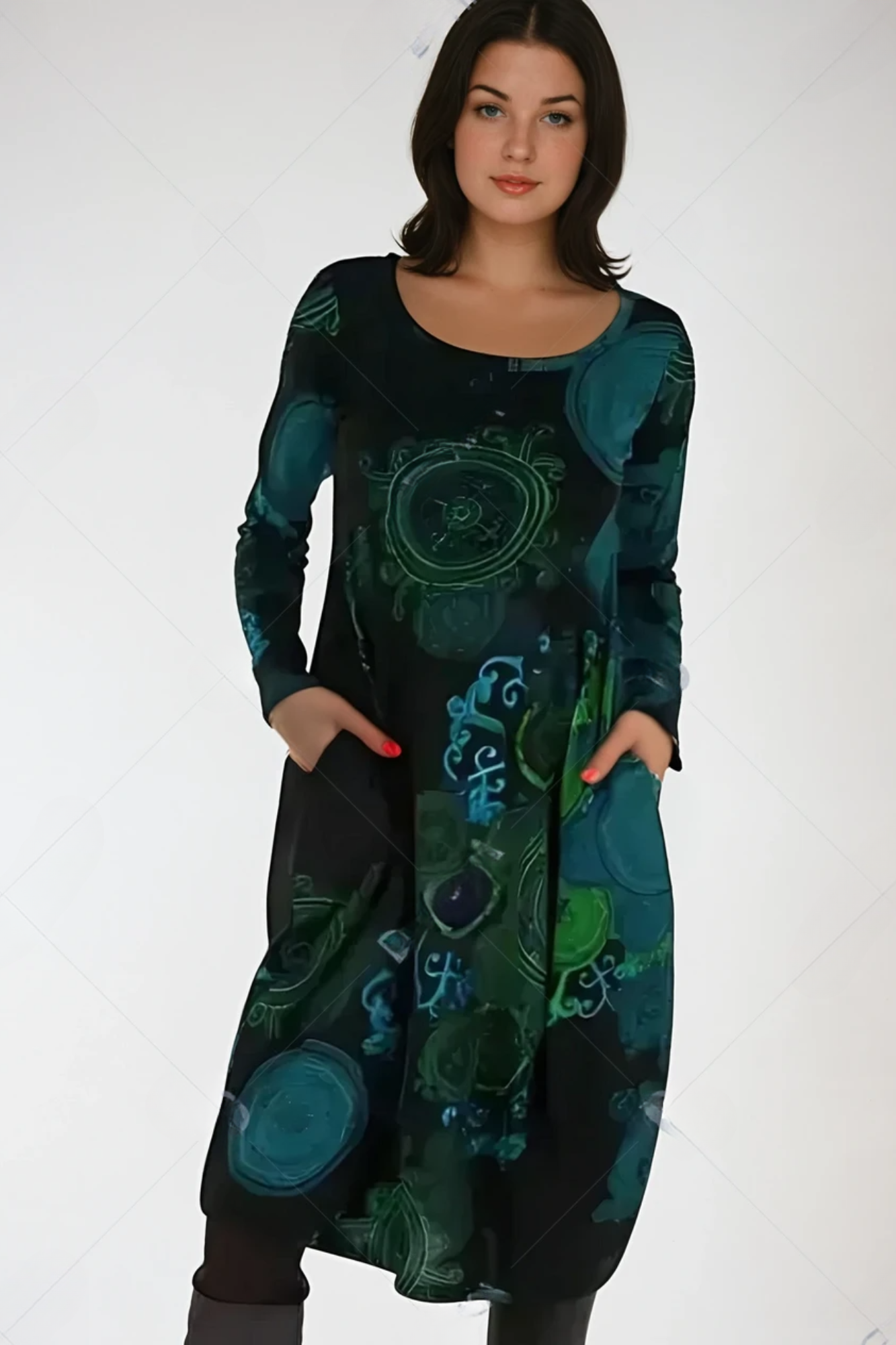 Jana Midi Dress with All-Over Print and Patch Pockets - Blue