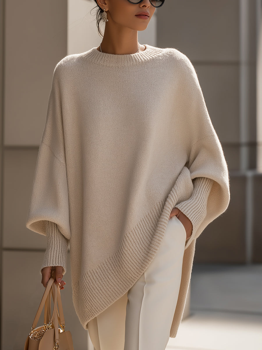 Jane Oversized Sweater with Asymmetric Hem and Dropped Shoulder - Beige