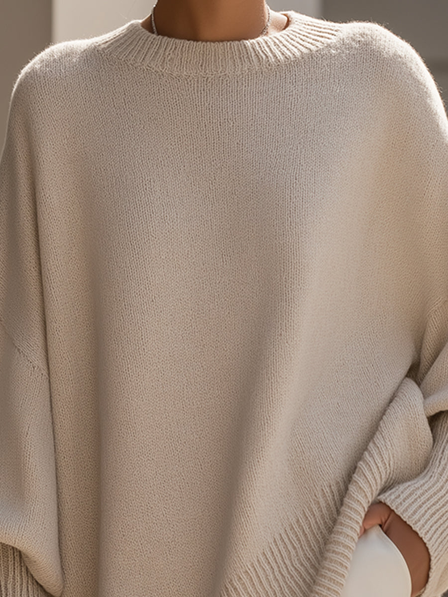 Jane Oversized Sweater with Asymmetric Hem and Dropped Shoulder - Beige