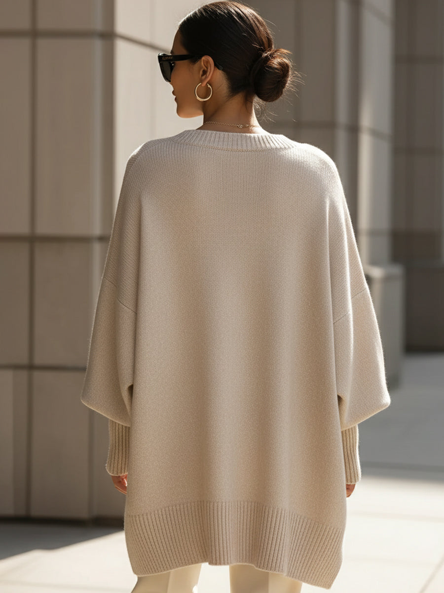 Jane Oversized Sweater with Asymmetric Hem and Dropped Shoulder - Beige