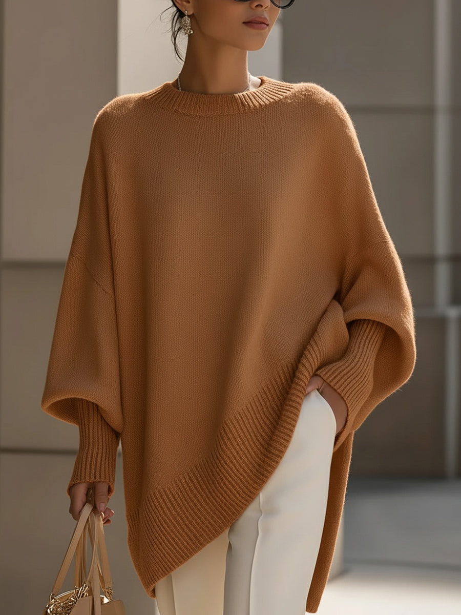 Jane Oversized Sweater with Asymmetric Hem and Dropped Shoulder - Caramel