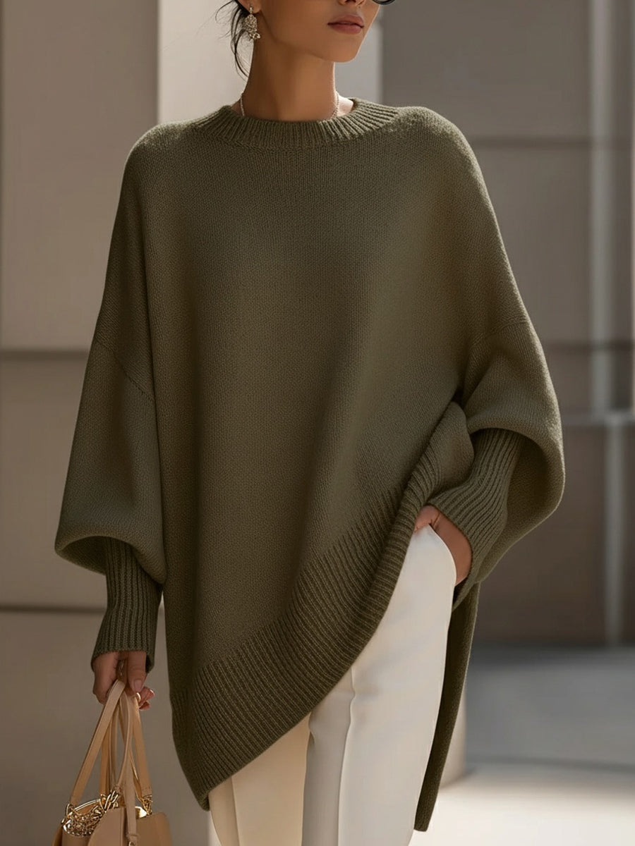 Jane Oversized Sweater with Asymmetric Hem and Dropped Shoulder - Olive Green