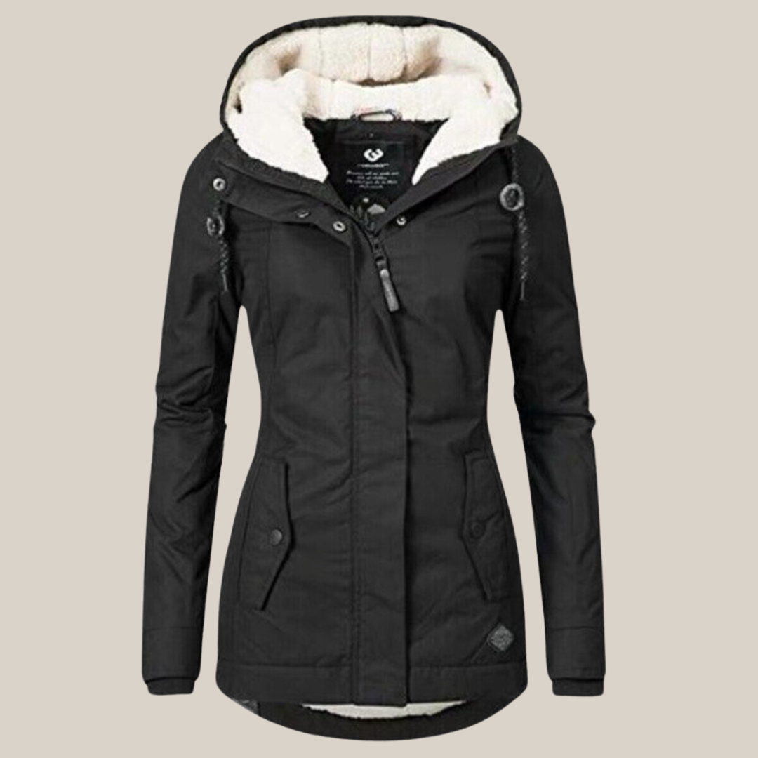 Jessica Pile-Lined Parka with Hood and Placket Zip - Black