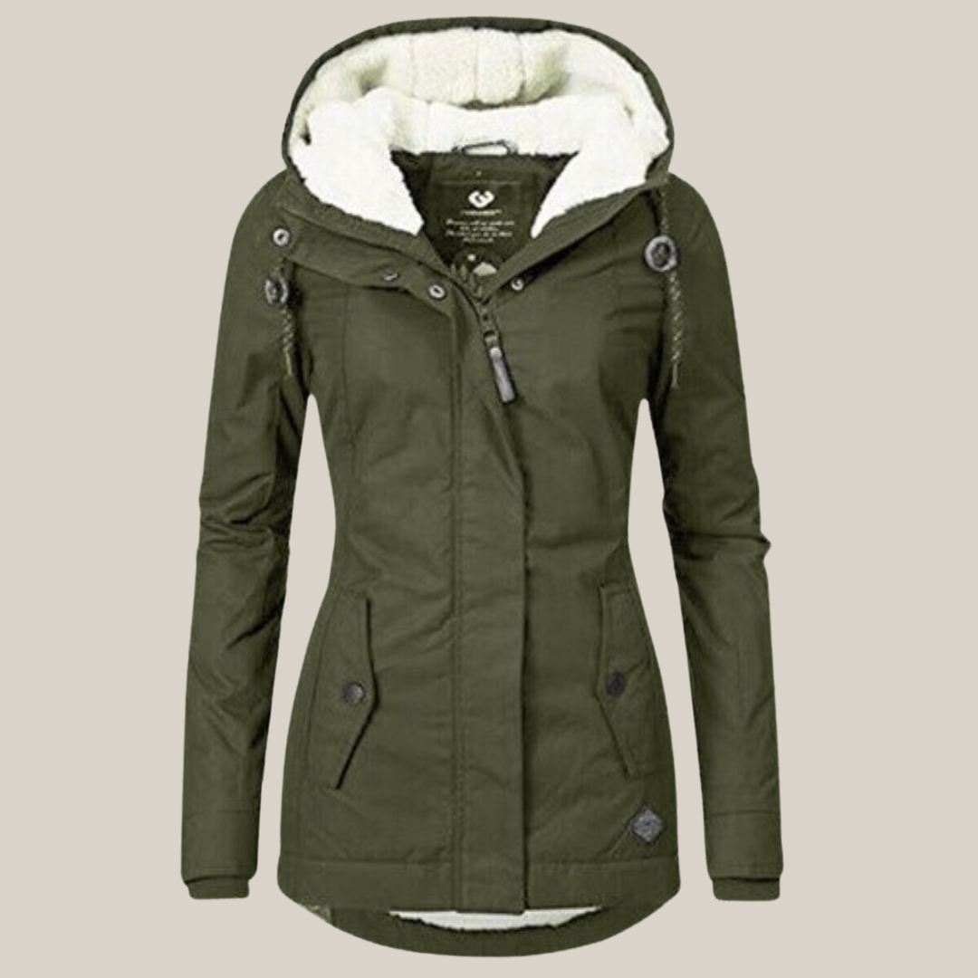 Jessica Pile-Lined Parka with Hood and Placket Zip - Green
