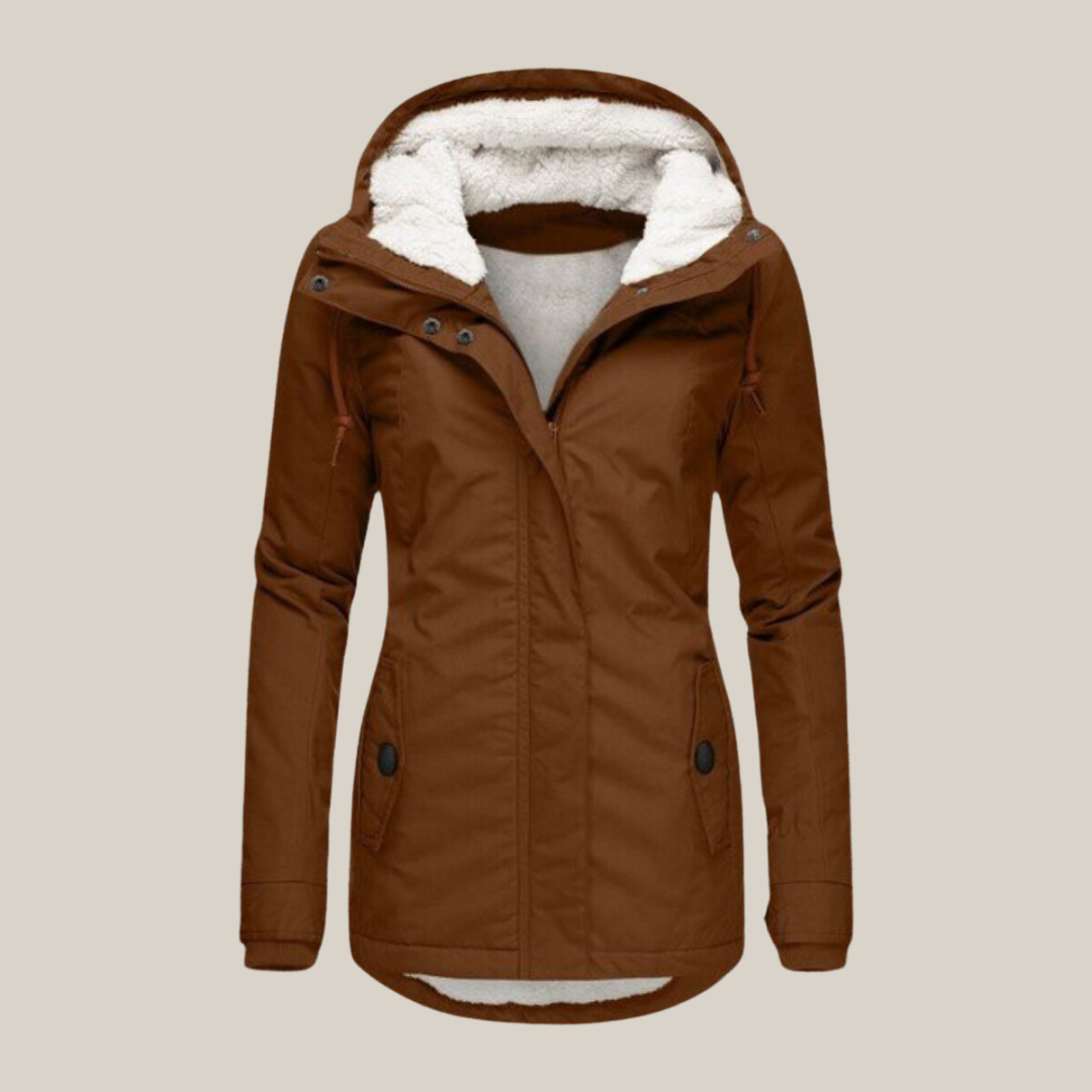 Jessica Pile-Lined Parka with Hood and Placket Zip - Brown