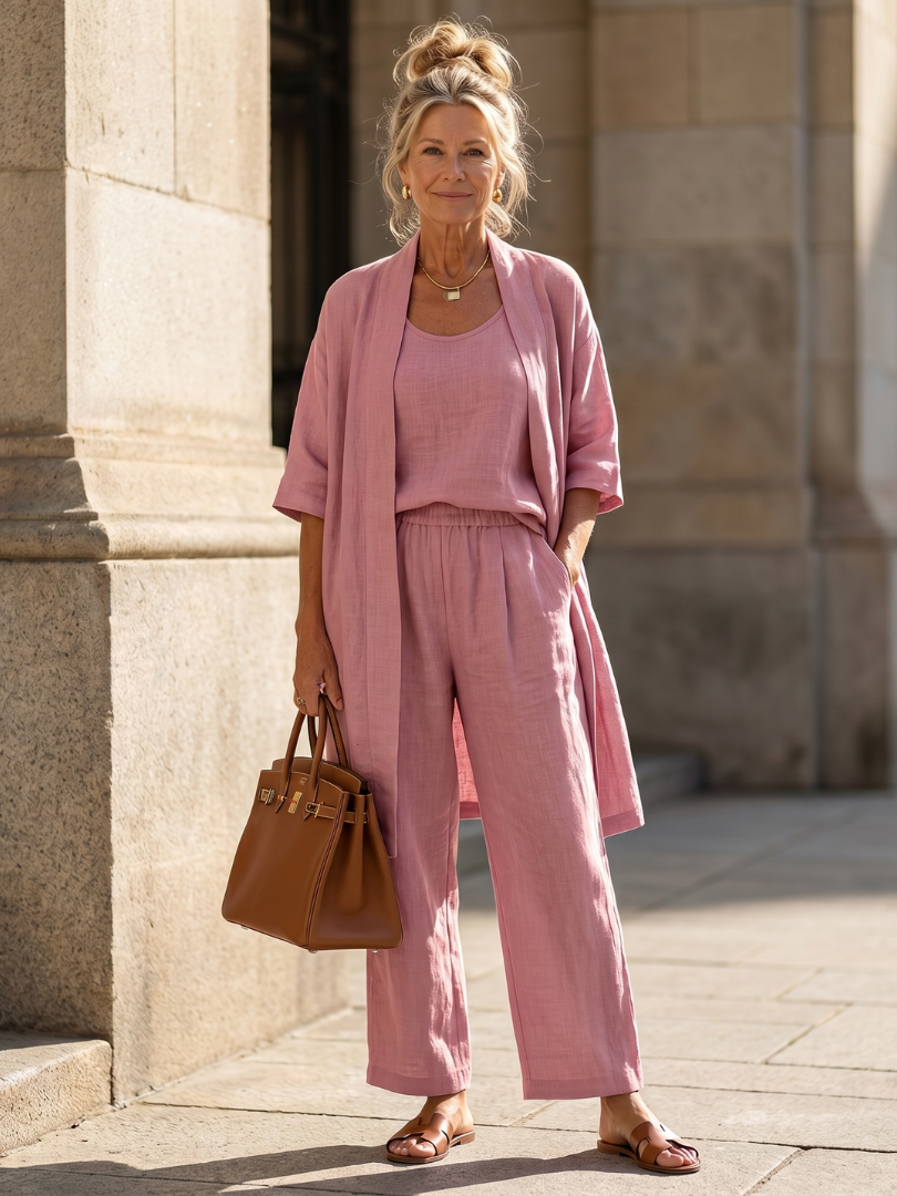 Joana Two Piece Trouser Set with Matching Top - Pink