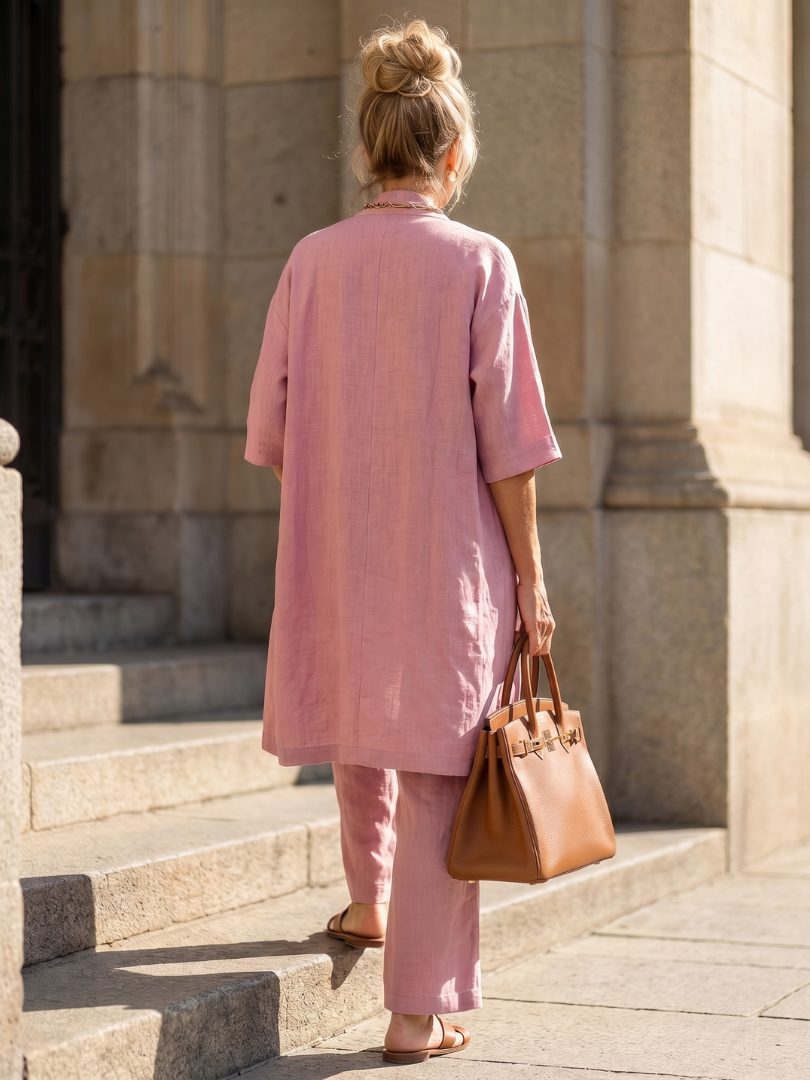 Joana Two Piece Trouser Set with Matching Top - Pink