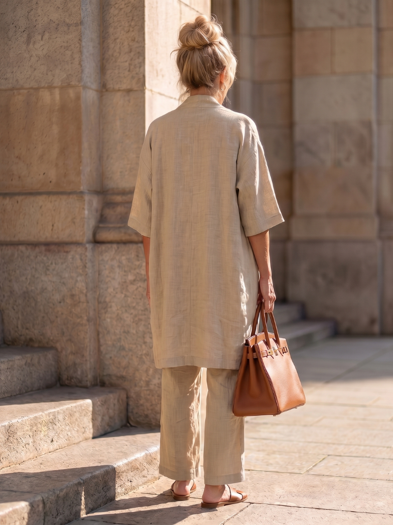 Joana Two Piece Trouser Set with Matching Top - Light Brown