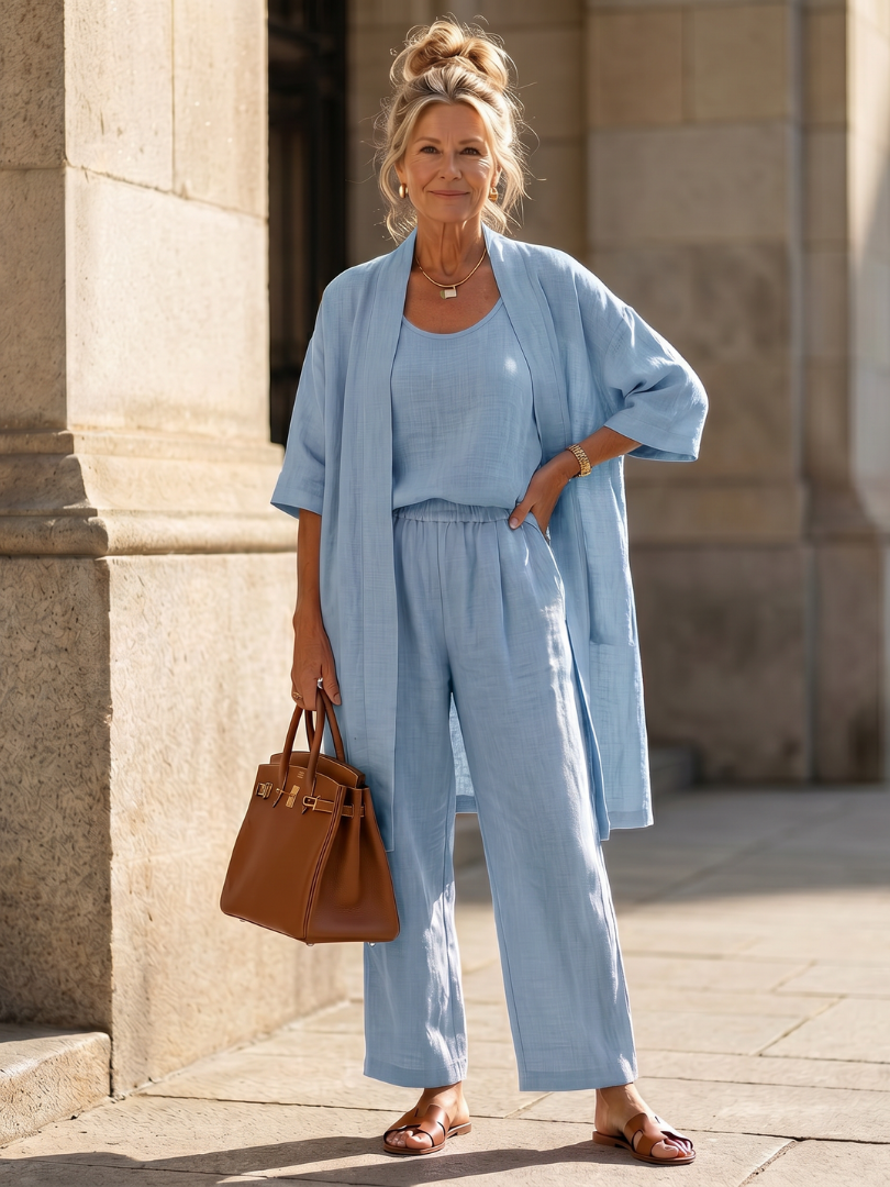 Joana Two Piece Trouser Set with Matching Top - Blue