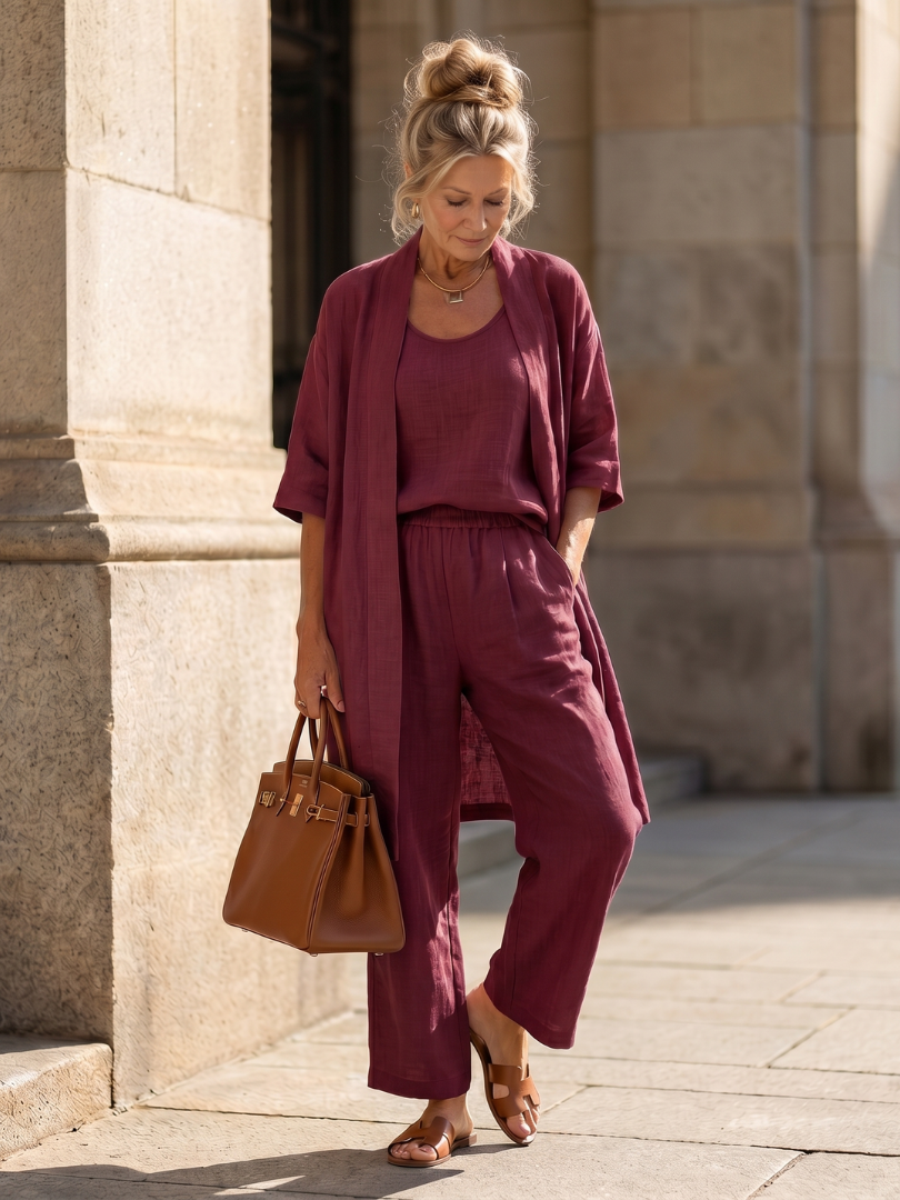 Joana Two Piece Trouser Set with Matching Top - Red
