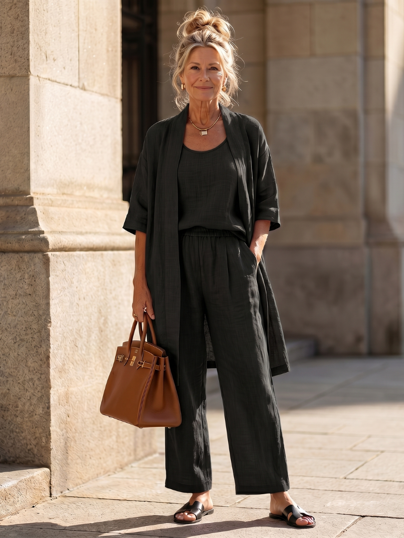 Joana Two Piece Trouser Set with Matching Top - Black