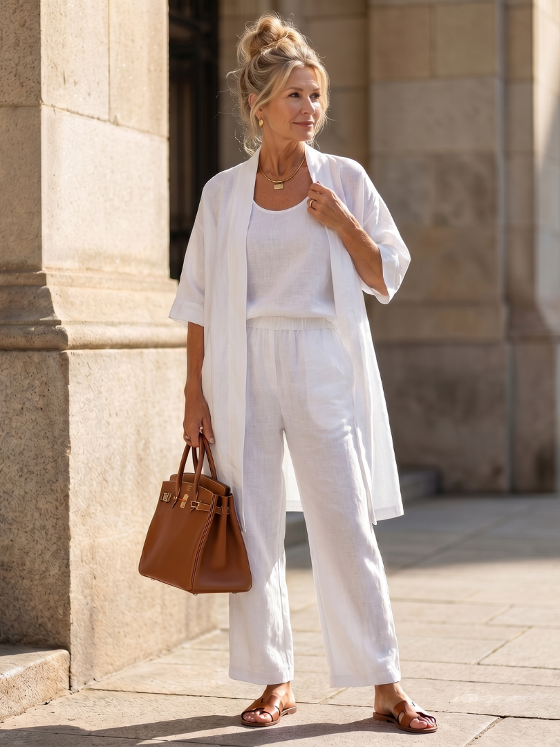 Joana Two Piece Trouser Set with Matching Top - White
