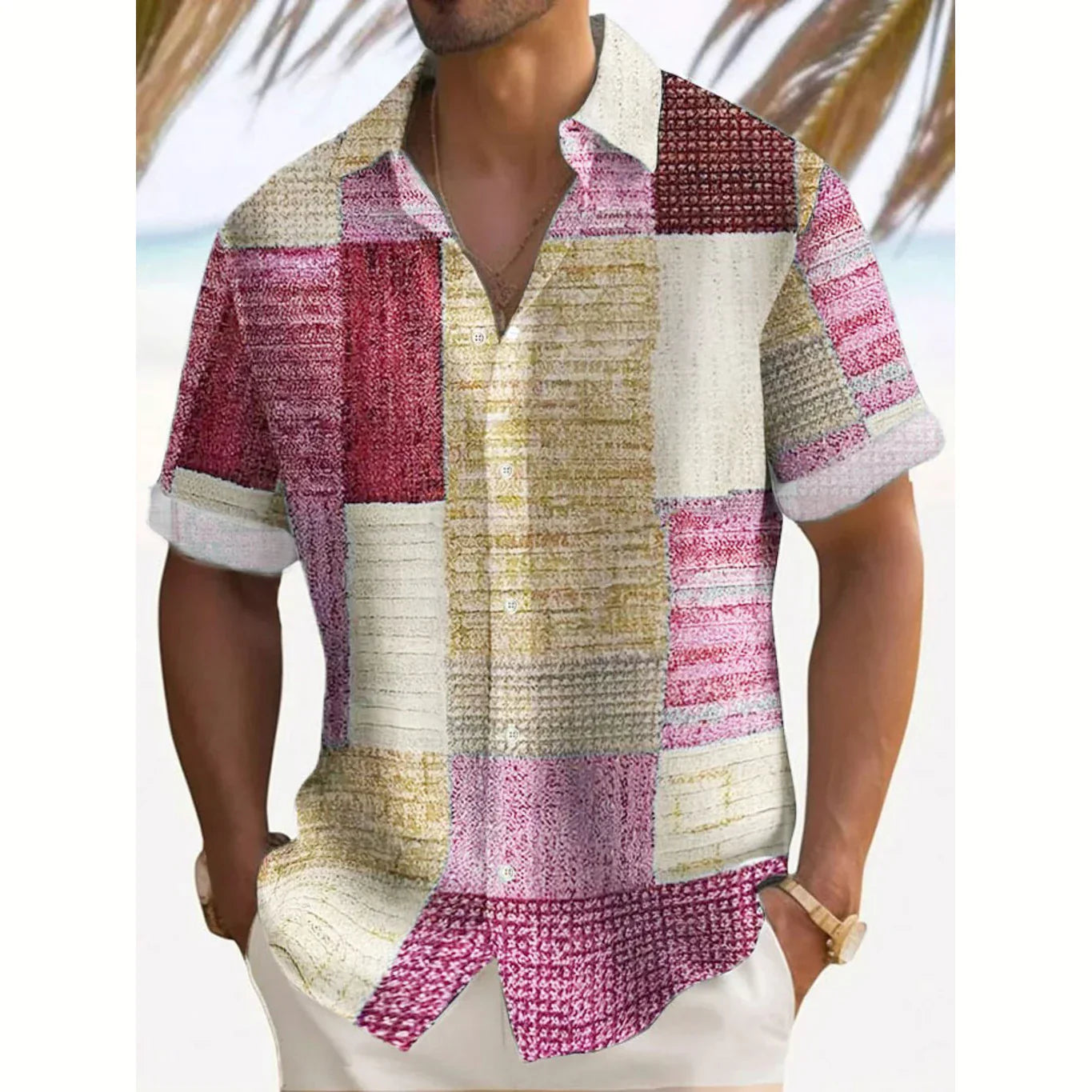 Josh Men's Short Sleeve Shirt with Button Placket - Pink