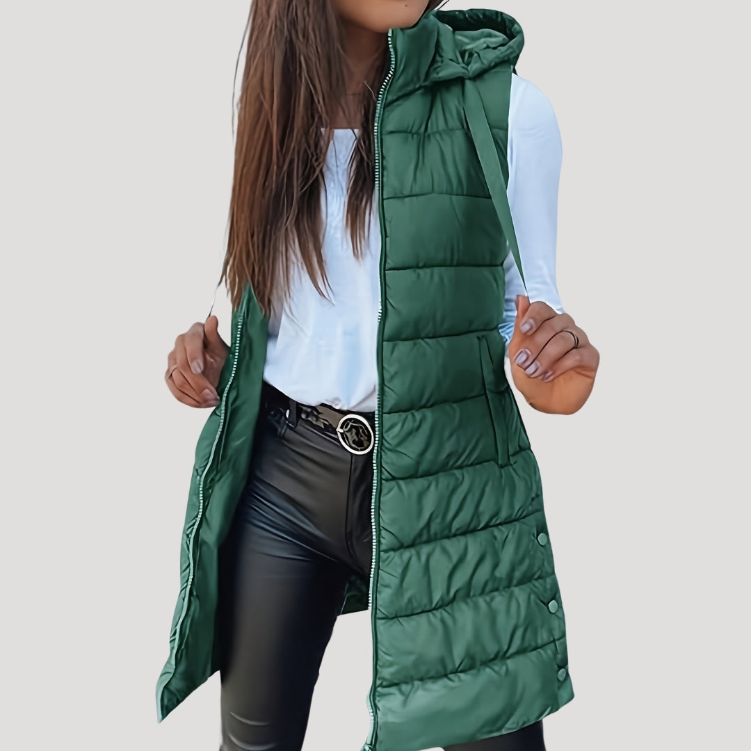 Jutta Long Puffer Vest with Hood and Snap Front - Green