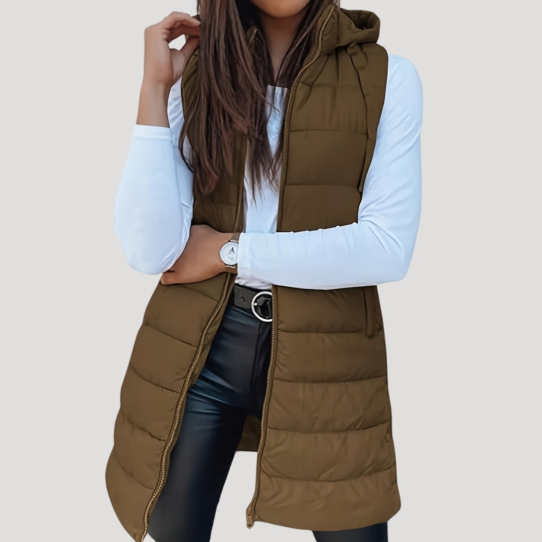 Jutta Long Puffer Vest with Hood and Snap Front - Brown