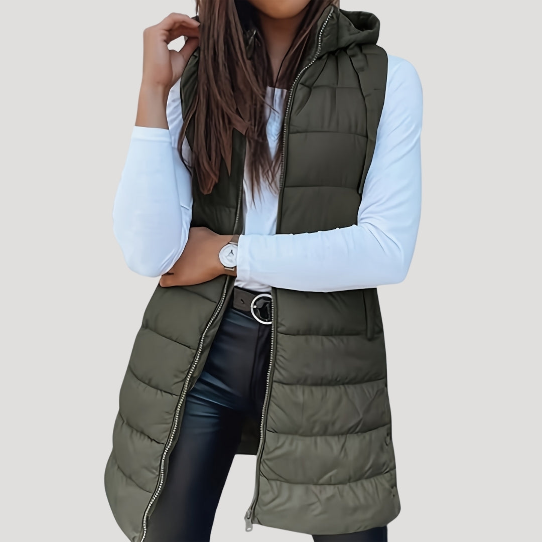 Jutta Long Puffer Vest with Hood and Snap Front - Dark Green