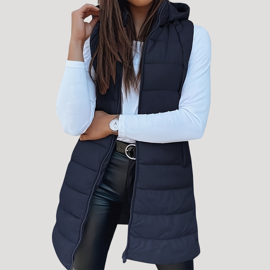 Jutta Long Puffer Vest with Hood and Snap Front - Navy